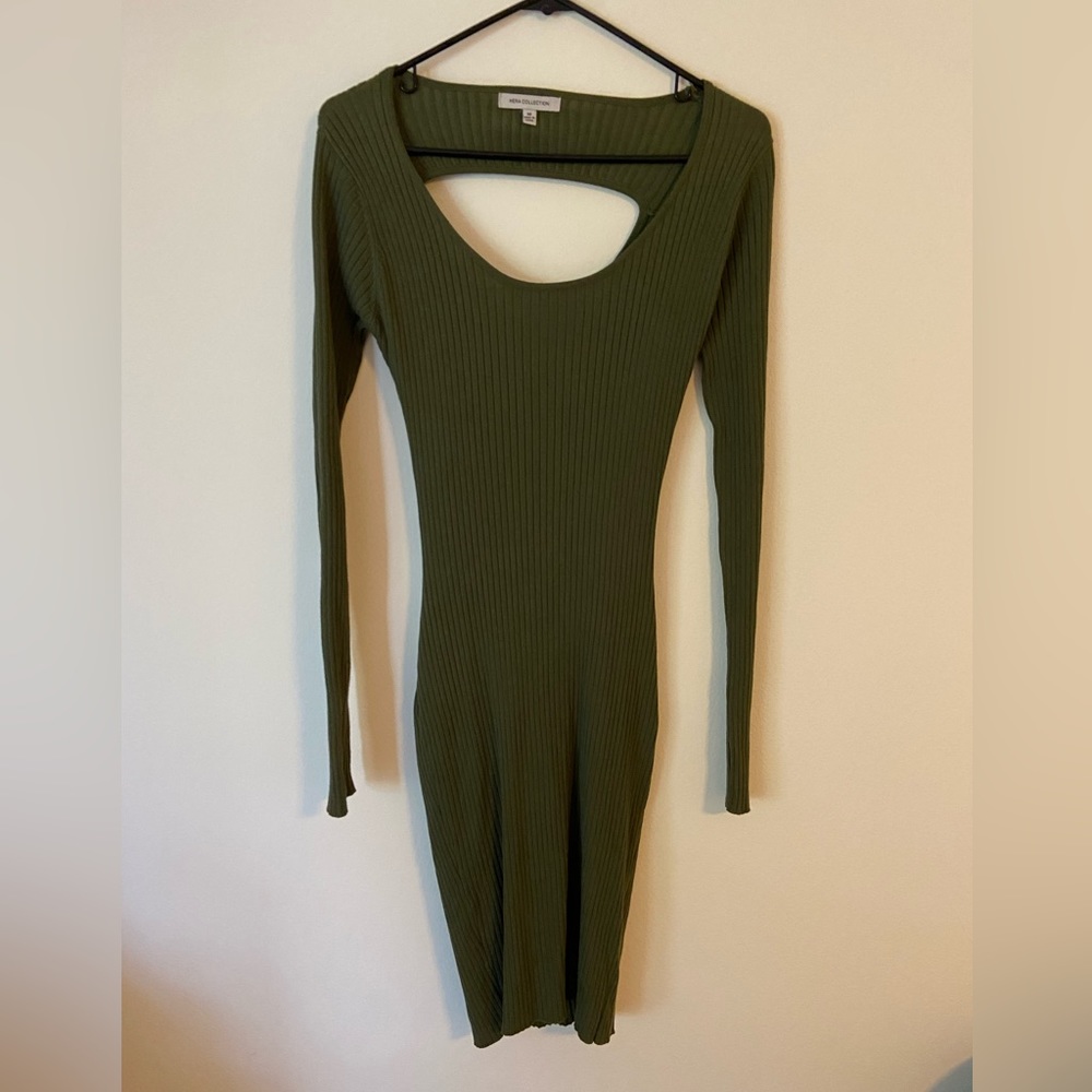 Body con, ribbed, forest green dress with cross back detail
